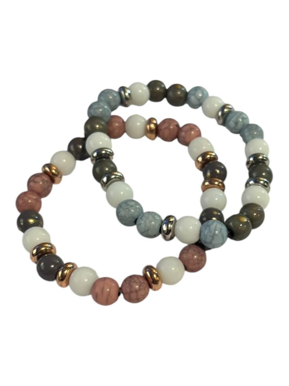Amelia Rue Beaded Stretch Bracelet Set Pink, Gray & Blue Stones
